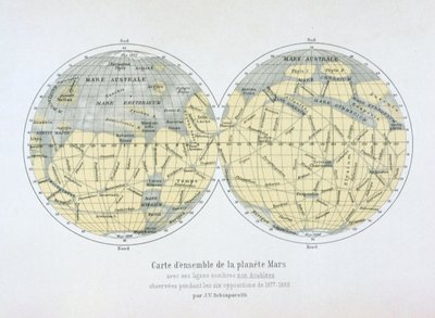Mappa assemblata del pianeta Marte, dalle osservazioni fatte durante sei opposizioni nel 1877-88 da Giovanni Schiaparelli